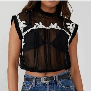 NWT Free People Veronique Appliqué Trim Sheer Sleeveless Top in Black Combo XS